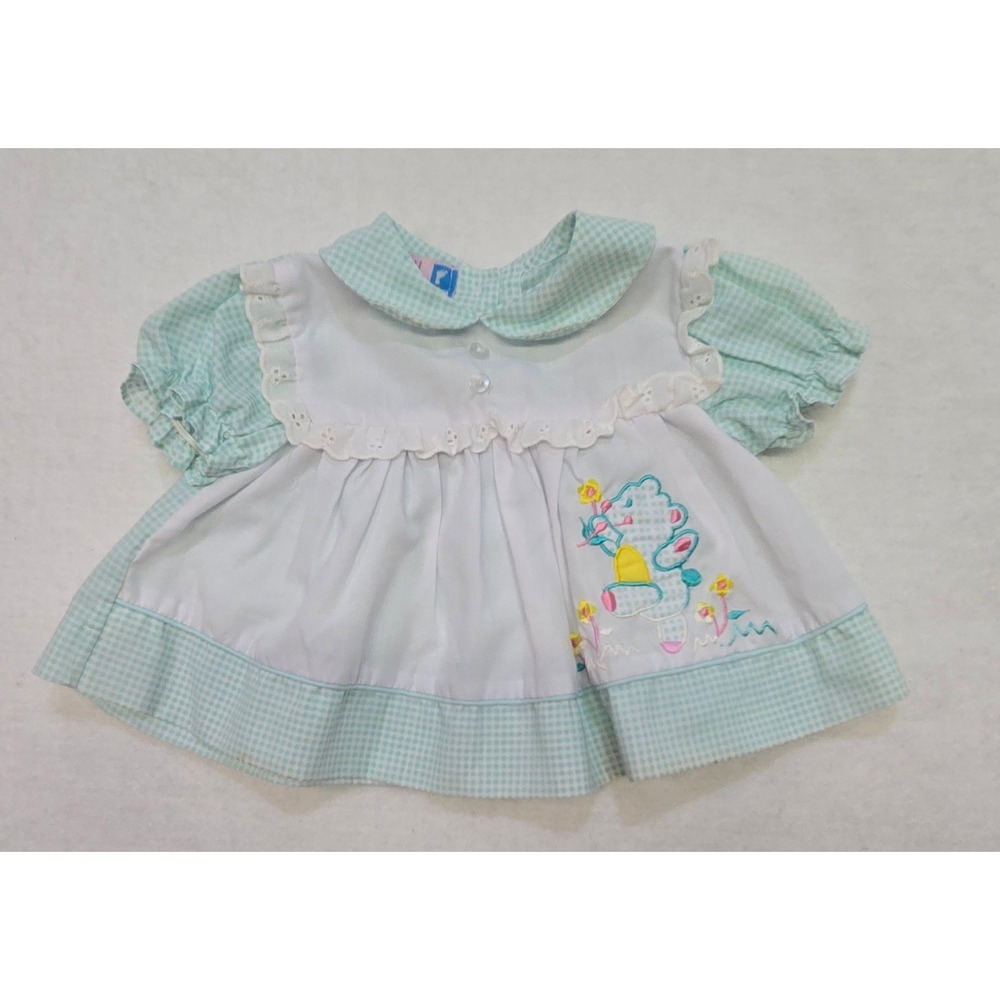 Vintage Small Steps Baby Dress 0-6 Months Blue Gingham Embroidery Applique